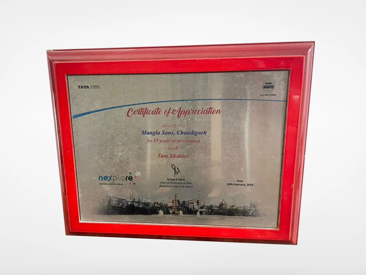 Certificate of Appreciation for 15 years of association TATA Shaktee - Mangla Sons
