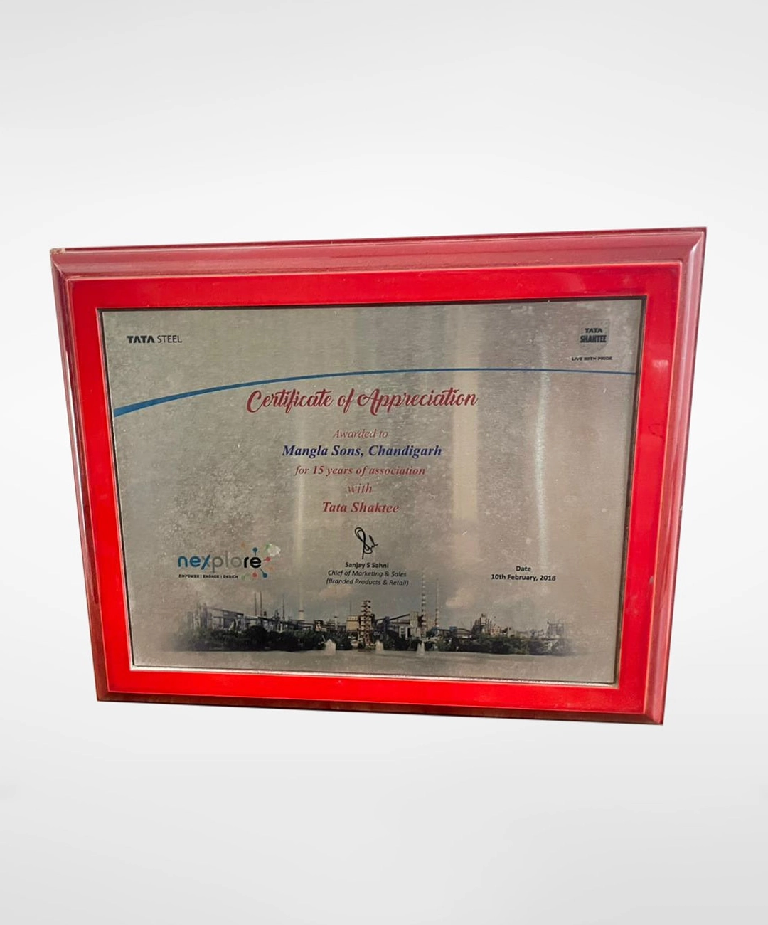 Certificate of Appreciation for 15 years of association (TATA Shaktee) - Mangla Sons
